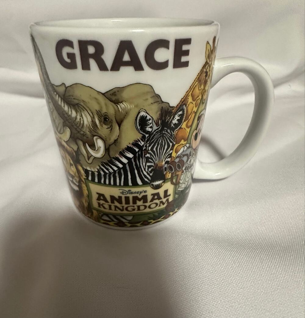 Disney animal kingdom safari animal coffee mug and the name GRACE
